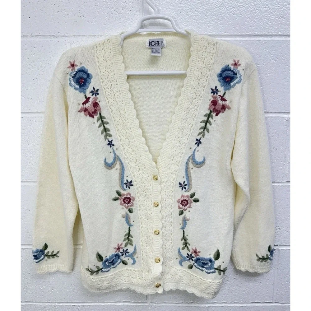 VTG 90s Koret Embroidered Floral Scalloped Lace Acrylic Cream Sweater Women's XL